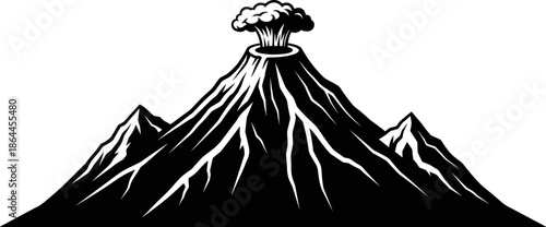 Black erupting volcano silhouette with mountain landscape, natural disaster and geology concept, dramatic volcanic eruption scene, nature power illustration, flat vector design