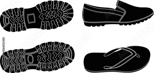 Black footwear silhouette set showing shoe soles, loafers, flip flops, casual footwear details, tread patterns, fashion accessory icons, flat vector illustration