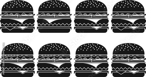 Black hamburger icon collection with assorted burger layers, fast food menu symbols, cheeseburger silhouettes, restaurant branding elements, flat vector illustration