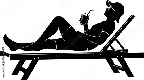 Black silhouette of man relaxing on beach lounger, holding drink, summer vacation leisure lifestyle concept, outdoor отдых, flat vector illustration
