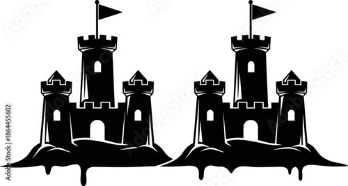 Black sandcastle silhouette vector illustration of beach castle towers flags minimalist design isolated on white background for summer seaside graphic art poster