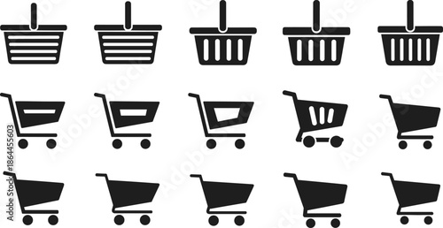 Black shopping basket and cart icon set for retail and ecommerce, supermarket purchase symbols, consumer buying process graphics, minimal UI icons, flat vector illustration