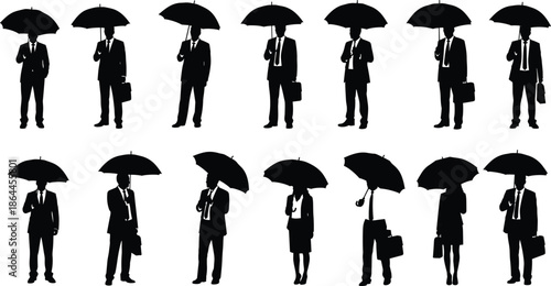 Silhouettes of business professionals in corporate attire holding umbrellas and briefcases, illustrating workplace commuting, rain protection, and modern office lifestyle