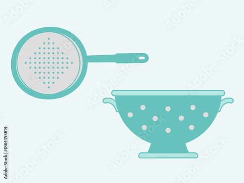 Illustration of two kitchen colanders, one handheld, and one bowl-shaped, both in teal color for food preparation