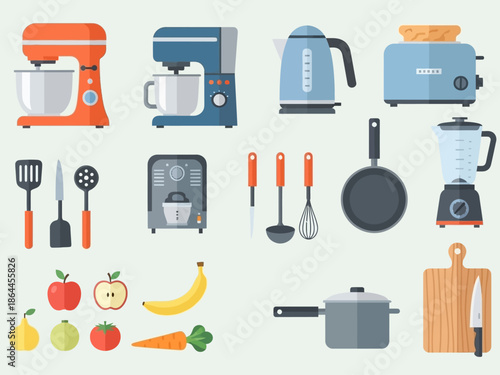 Assorted kitchen appliances and utensils illustration with food items, flat vector design