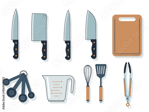 Essential Kitchen Utensils A Flat Lay Illustration of Knives, Measuring Tools and More