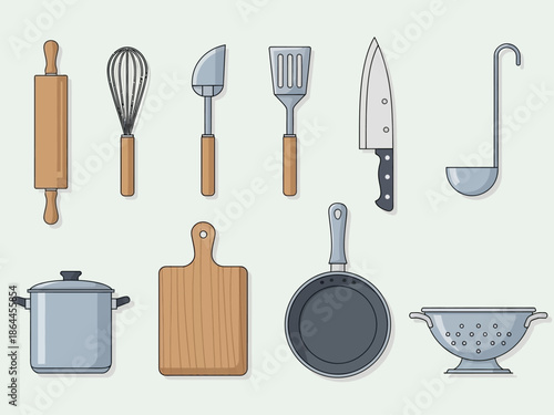 Collection of Kitchen Utensils and Cookware Rolling Pin, Whisk, Spatula, Knife, and More