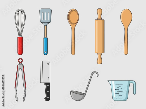 Assorted Kitchen Utensils Whisk, Spatula, Spoon, Rolling Pin, Tongs, Cleaver, Ladle, Measuring Cup, Illustration
