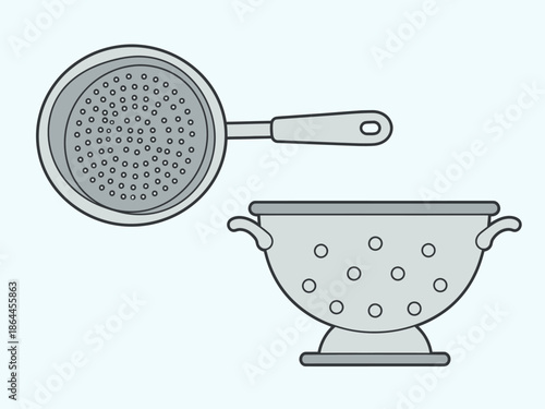 Two Kitchen Strainers A Top-Down View Illustration of a Colander and a Sieve