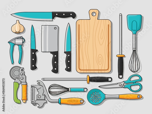 Collection of kitchen tools and utensils with cutting board, knives, and other culinary essentials