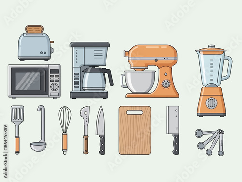 Various Kitchen Appliances and Utensils in a Flat Design for Culinary Activities