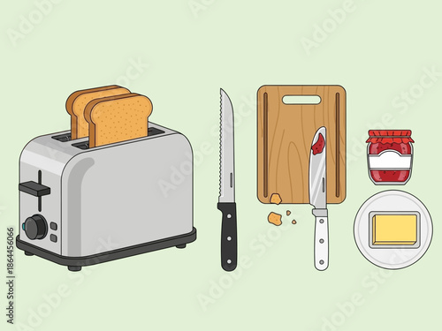 Breakfast Essentials Toaster, Knife, Cutting Board, Jam, and Butter - A Delicious Start to the Day!