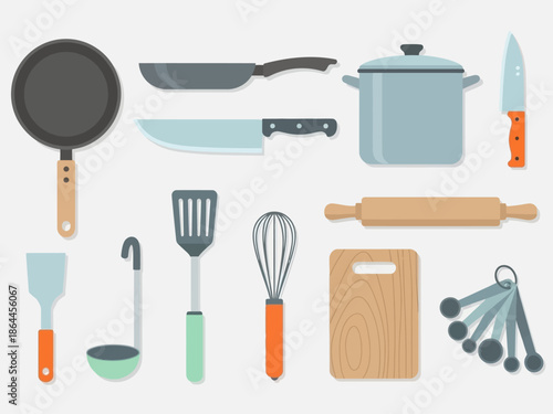 Collection of cooking utensils, essential kitchen tools, and culinary equipment for meal preparation