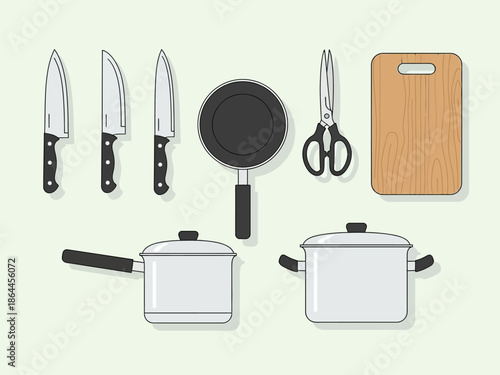 Kitchen Utensils A Flat Lay Illustration of Cooking Essentials for Culinary Preparation