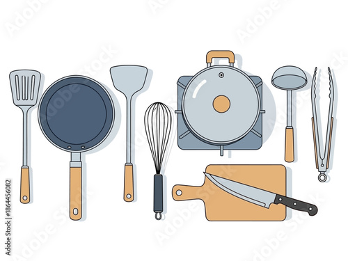 Illustration of various kitchen tools, utensils, and cookware laid out on a clean white background