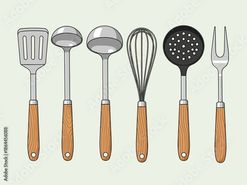 Assortment of Kitchen Utensils with Wooden Handles, Including Spatula, Ladle, Whisk, and More