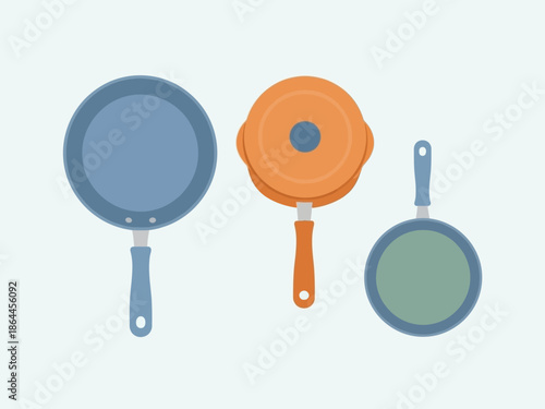 Three colorful cooking pans illustration set against a clean white backdrop, ideal for culinary projects