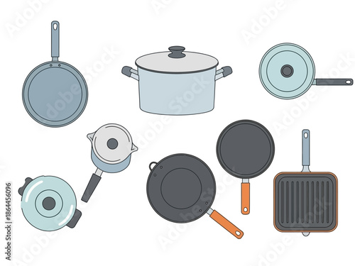 Various Kitchen Utensils A Vector Illustration of Pots, Pans, and Cooking Equipment for Culinary Purposes