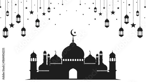 Islamic mosque with crescent moon and stars illustration Background.