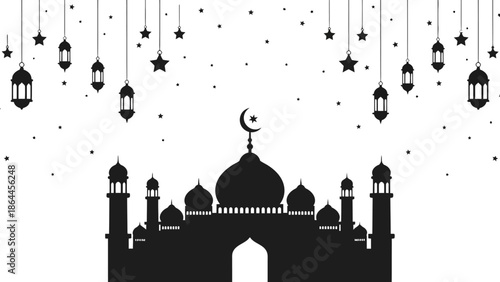 Islamic mosque silhouette with crescent moon and hanging lanterns Background.
