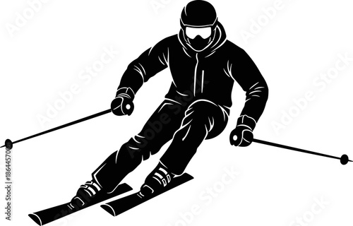 Black skier silhouette carving downhill, winter alpine sport action scene, dynamic snow skiing pose, extreme outdoor adventure concept, seasonal recreation, flat vector illustration