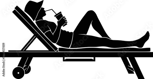Black silhouette of woman relaxing on sun lounger, drinking beverage, summer vacation leisure lifestyle concept, beach отдых, flat vector illustration