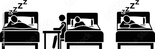 Black sleeping and insomnia silhouette set showing bedtime, rest, sleep disorder concepts, healthcare lifestyle symbols, tiredness and recovery scenes, flat vector illustration