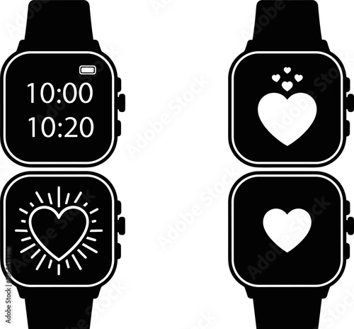 Black smartwatch silhouette set with heart icons and digital time display, fitness tracking wearable technology symbols, modern UI screen designs, flat vector illustration