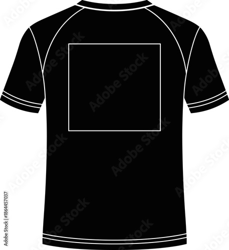 Black t shirt back view vector illustration with square print area, blank apparel template for branding, mockup, fashion design, clothing merchandising advertising