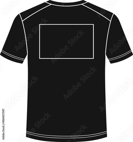 Black t shirt back view vector illustration, blank apparel mockup with rectangular print area, clothing template for branding, fashion, merchandising