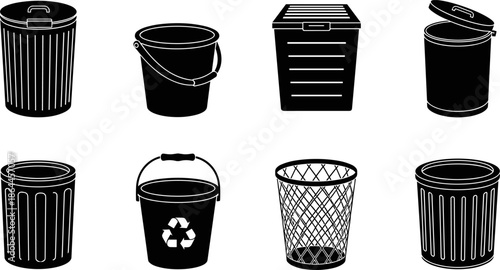Black trash bin and bucket silhouette set including recycling containers, waste management equipment icons, household garbage disposal symbols, sanitation collection, flat vector illustration