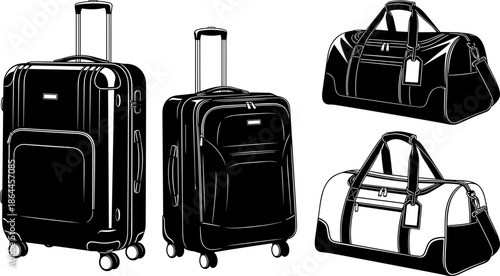 Black travel luggage silhouette set with rolling suitcases and duffel bags, tourism and transportation symbols, modern baggage collection, flat vector illustration