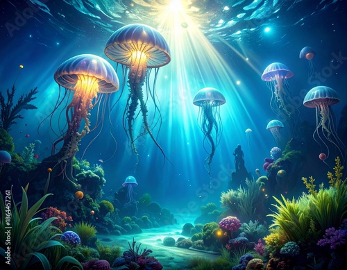 Fantasy Ocean Realm with Luminous Jellyfish and Mermaid Shapes