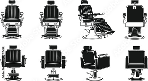 Vintage Barber Chair Silhouette Vector Set Featuring Various Professional Hair Salon Styling Chairs for Barbershop Grooming Haircut and Beauty Services Design
