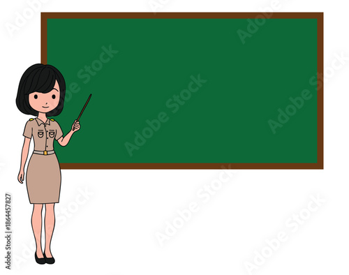 A female teacher teaching in a classroom using a blackboard.
