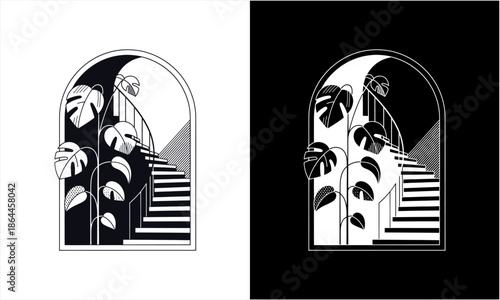 Monstera plants and a spiral staircase in an arched doorway.