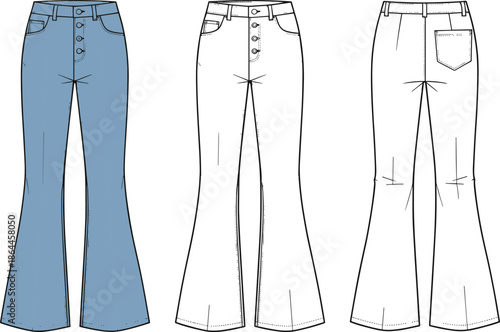 Women's High Waisted Flare Denim Jeans Technical Sketch, CAD Drawing Flat Vector Illustration, Front and Back View, Fashion Apparel Template