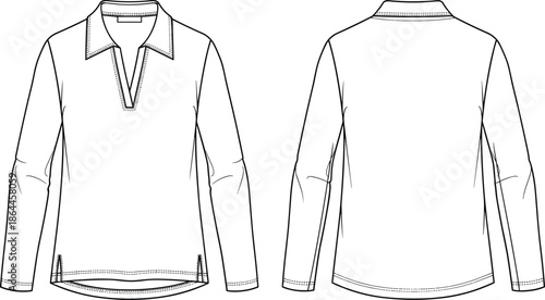 Women's Long Sleeve Polo Shirt Fashion Technical Sketch, V-Neck Collar Detail, Front and Back View, Apparel CAD Drawing, Flat Vector Illustration