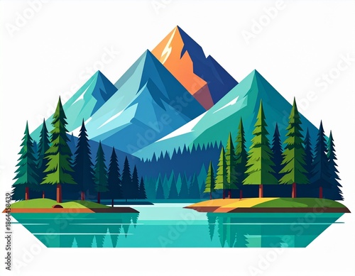 Modern Flat Vector Illustration of Lake and Mountain Forest Scenery