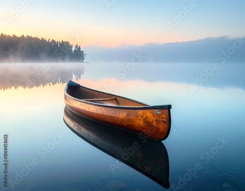 Minimalist Fine Art Scene of Canoe on Misty Lak