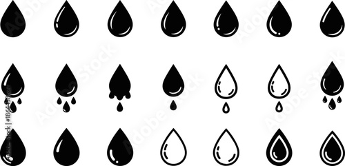 Black water drop icons set, liquid droplet silhouettes, oil ink rain shapes, minimal vector collection for UI, weather, eco design