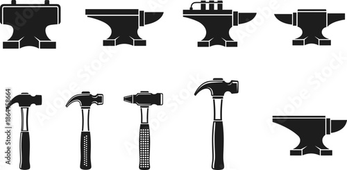 Blacksmith anvil and hammer icon set, industrial metal forging tools, flat vector silhouettes for workshop branding, construction design, manufacturing illustration