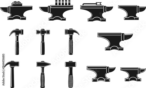 Blacksmith anvil and hammer silhouette icon set, black forging tools collection with metalworking equipment, traditional craftsmanship symbols, 