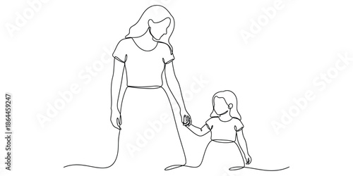 A woman and a child holding hands in a simple line drawing