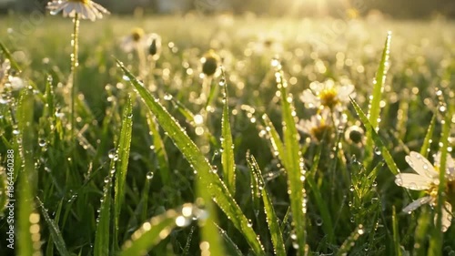 Macro Dew Drops on Fresh Grass Blades Extreme close-up, focusing on individual dew drops glistening on vibrant green grass, catching the early morning