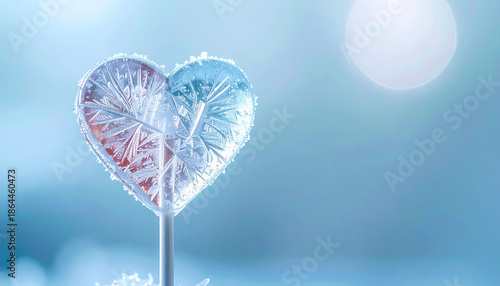 Heart shaped ice lollipop with frost texture, visible crack lines, and sparkling frozen details, glowing in soft blue light, creating dreamy, refreshing, and romantic mood