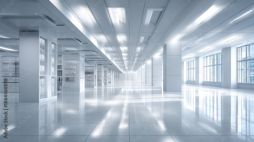 Obraz premium Empty office interior clean background bright modern open space with reflective floor and rows of columns evoking calm