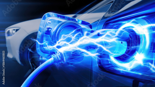 Electric car charging station cable plug with blue electric energy sparks conveying eco technology and futuristic transportation power