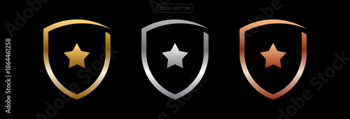 Shield Shape with Golden and Silver Gradient. Elegant Metallic Shield Badge Logo