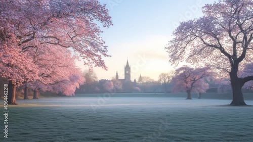 Enchanting dawn panorama with cherry blossoms and the iconic tower in the distance